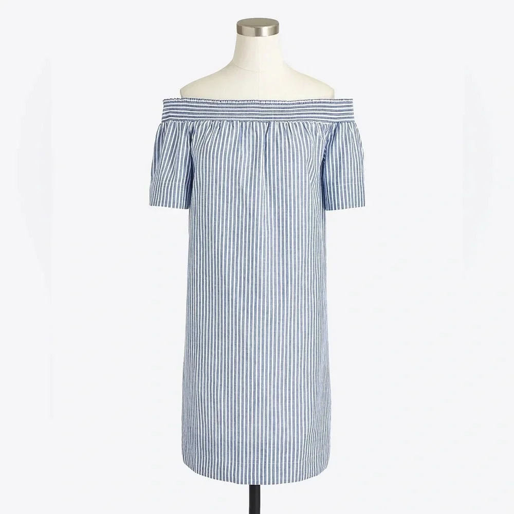 J. Crew Blue & White Linen Blend Striped Off The Shoulder Dress Size 0 XS